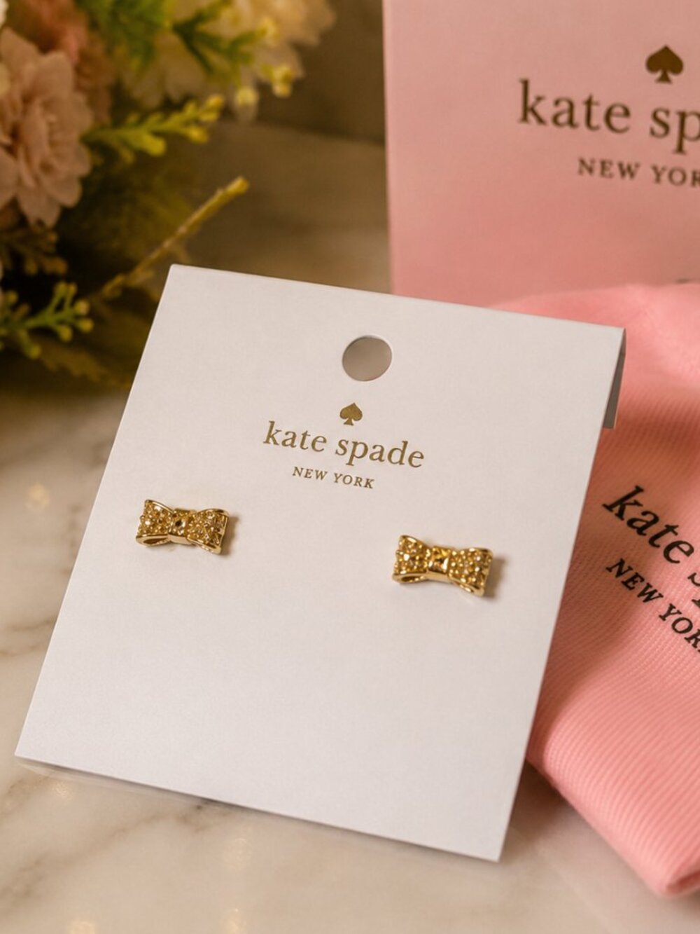 Kate Spade Pavé Crystal Bow Stud Earrings Gold Tone NWT